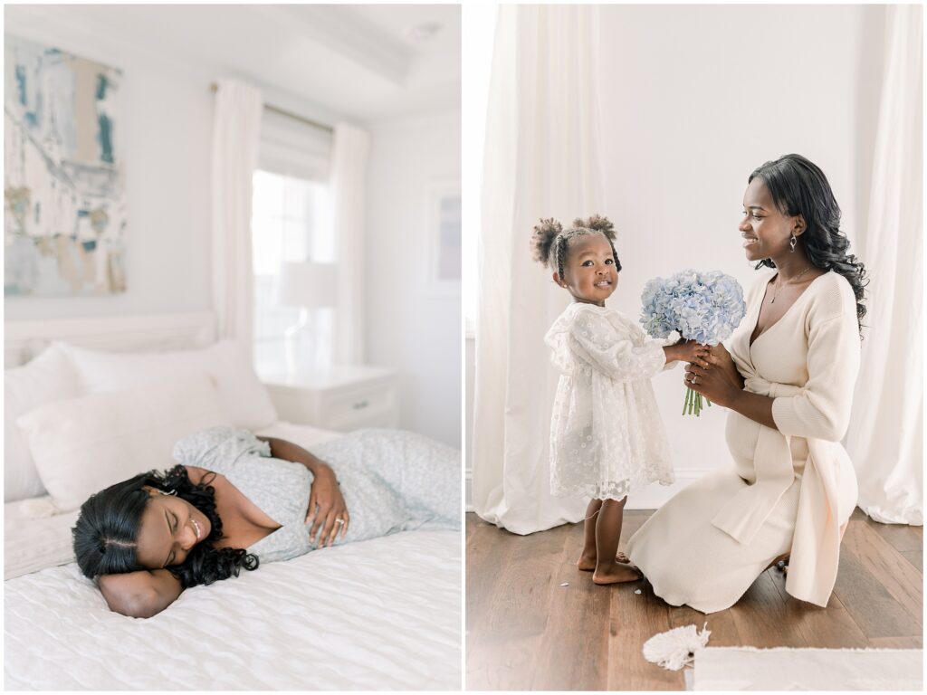 A pregnant mom sharing a sweet moment with her toddler daughter