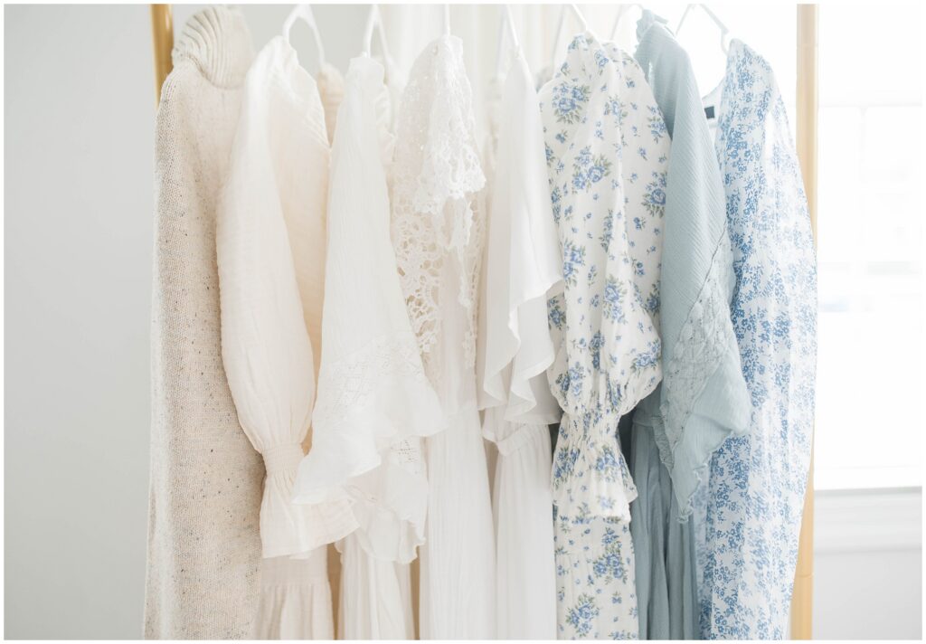 A rack of beautiful dresses available for Jessica Jeremiah Photography clients