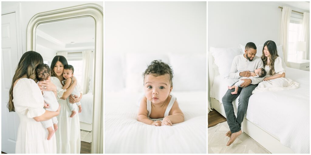 Family celebrating their three month old baby boy in a white studio