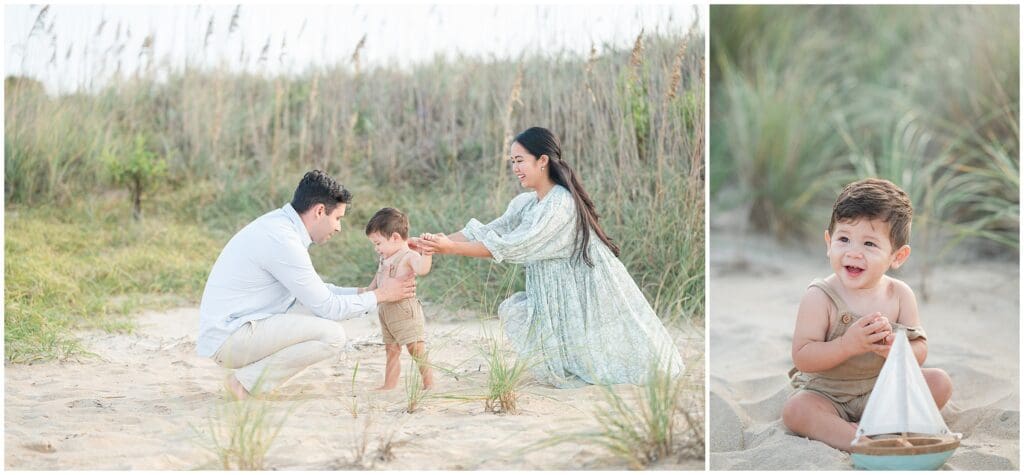 A baby boy takes some of his first steps on the beach while celebrating his first birthday during a session with Jessica Jeremiah Photography in Virginia Beach, VA