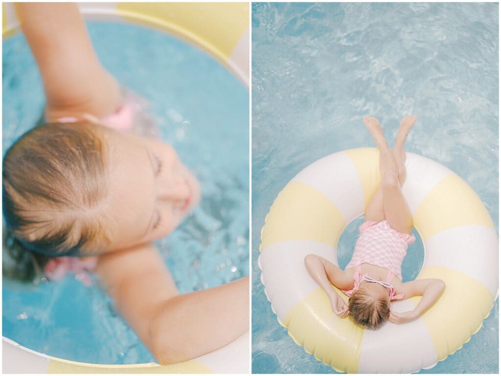 A little girl in a pink and white checkered swim suit lounges in a yellow stripped pool float during her session with Jessica Jeremiah Photography.