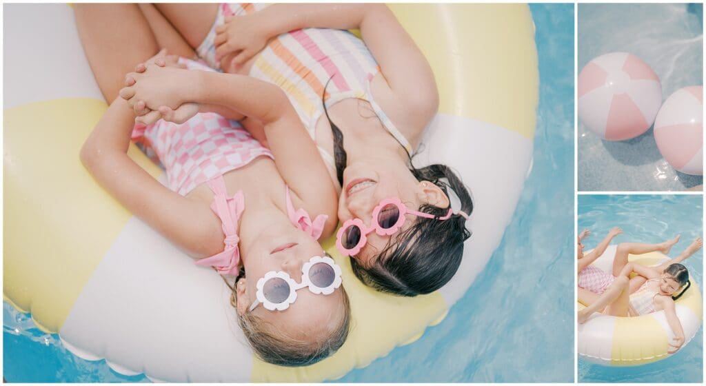 Two little girls wearing fun sunglasses and colorful swim suits play in a yellow and white stripped pool float during their summer photo session with Jessica Jeremiah Photography